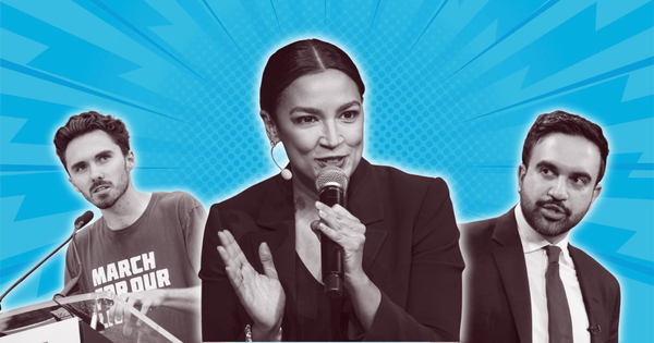 Three progressive political figures including Alexandria Ocasio-Cortez speaking at a microphone, representing the Democratic Tea Party movement argument